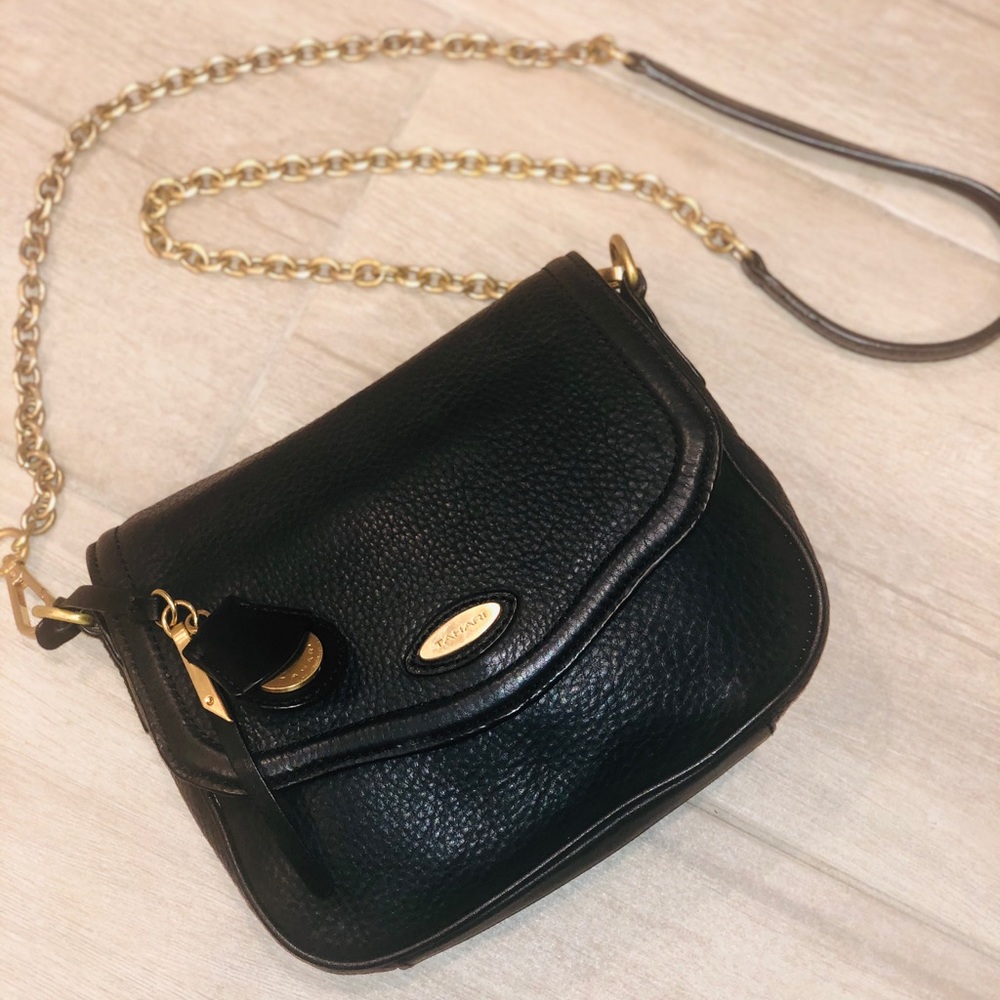 TAHARI black leather gold chain crossbody